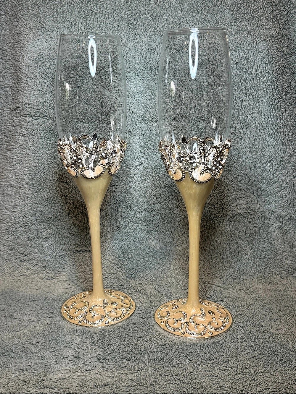 Gold Ivory Pearl Crystal Embellished Toasting Champagne Flutes